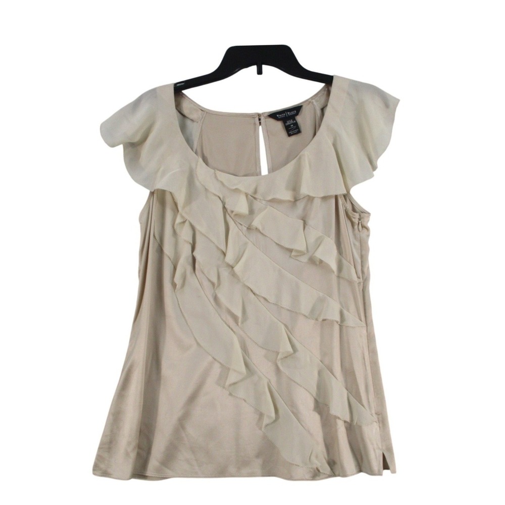 White‎ House Black Market Silk Stretch Ruffle Front Blouse Champagne Beige Sz 10